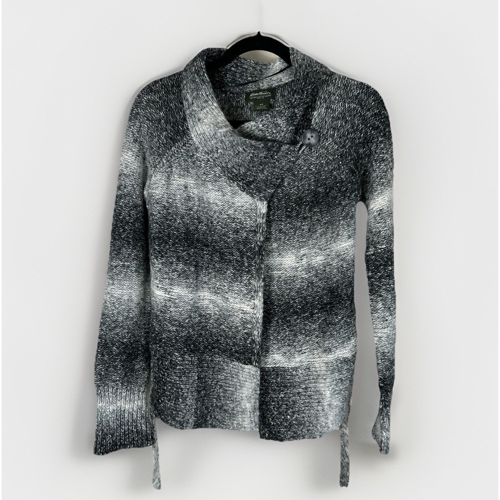 Eddie Bauer Cardigan Sweater Womens Small Black Gray Ombre Striped W/belt - Picture 1 of 8